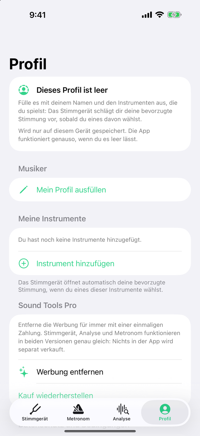 Profil-Bildschirm von Sound Tools