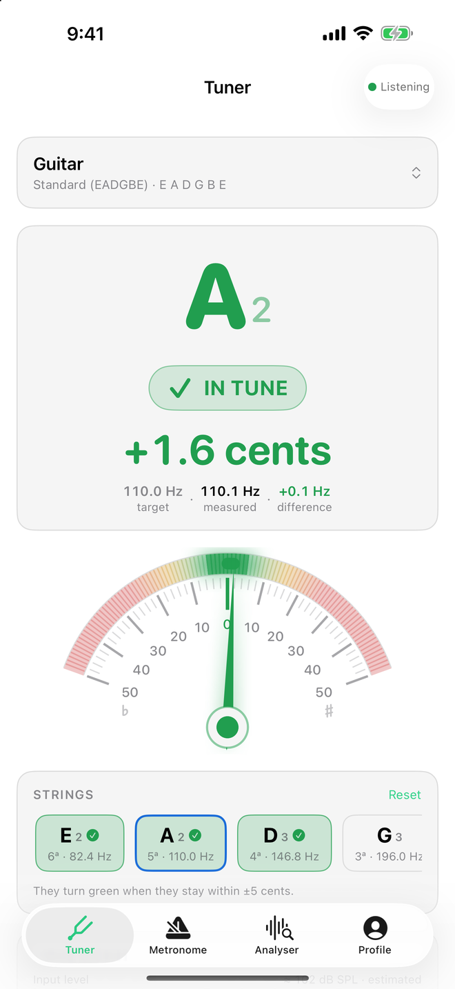 Sound Tools tuner with the note in large type and the cents needle