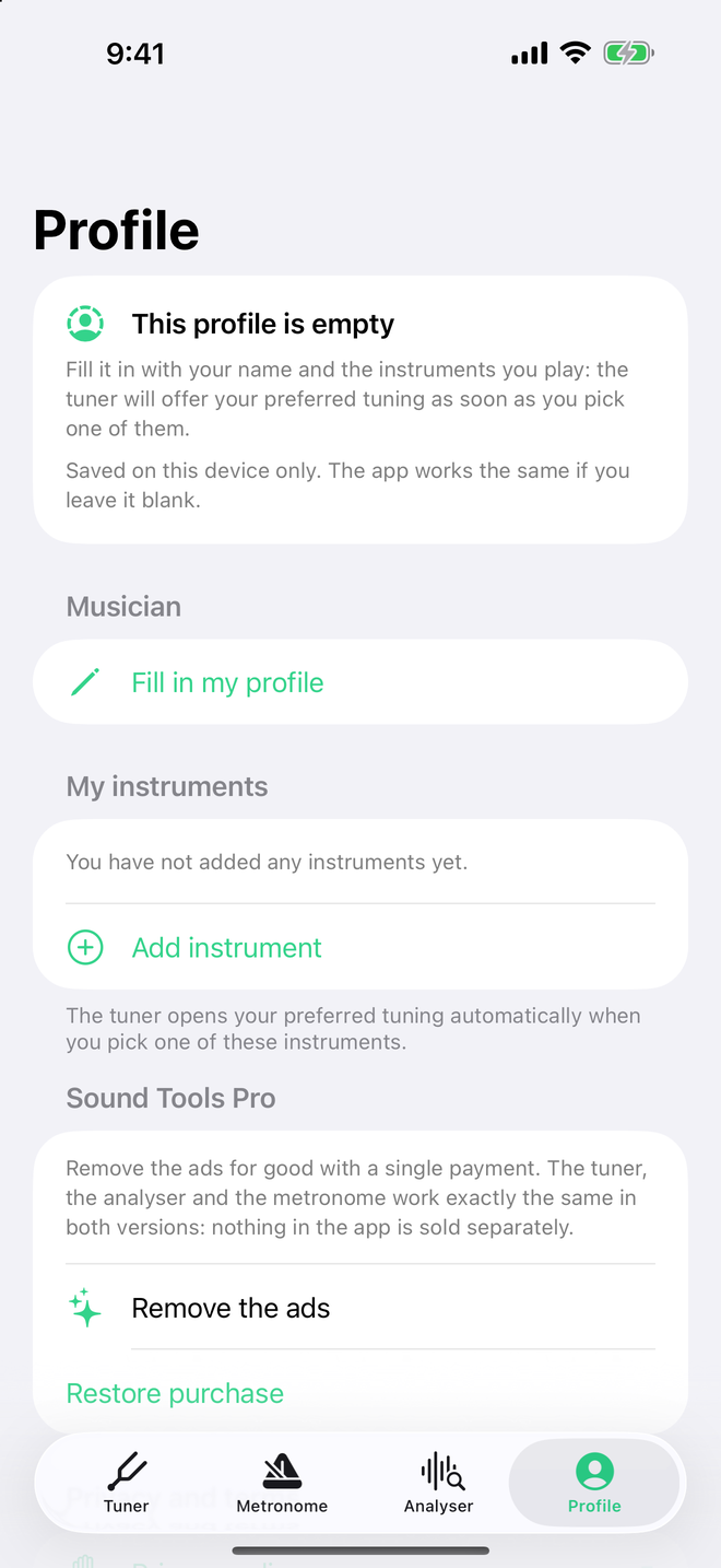 Sound Tools profile screen
