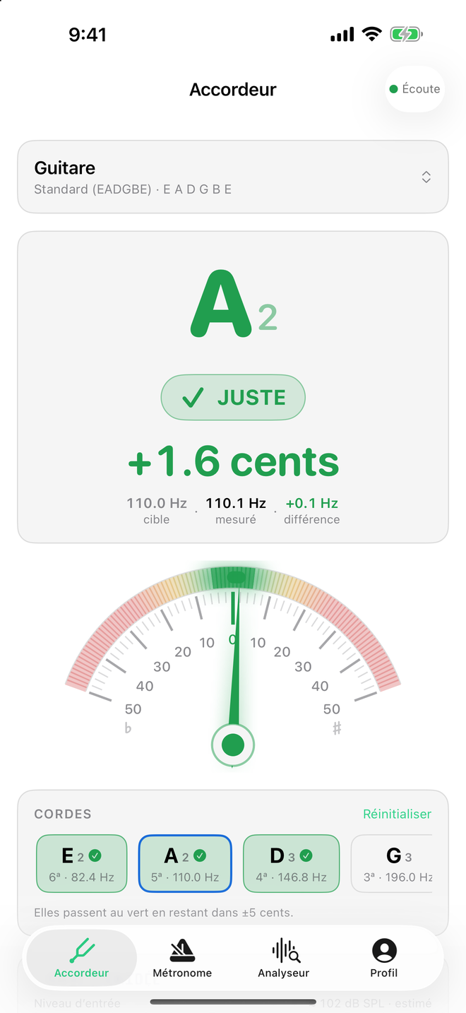Accordeur de Sound Tools avec la note en grand et l’aiguille des cents