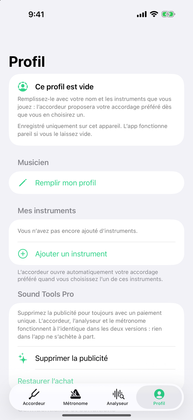 Écran Profil de Sound Tools