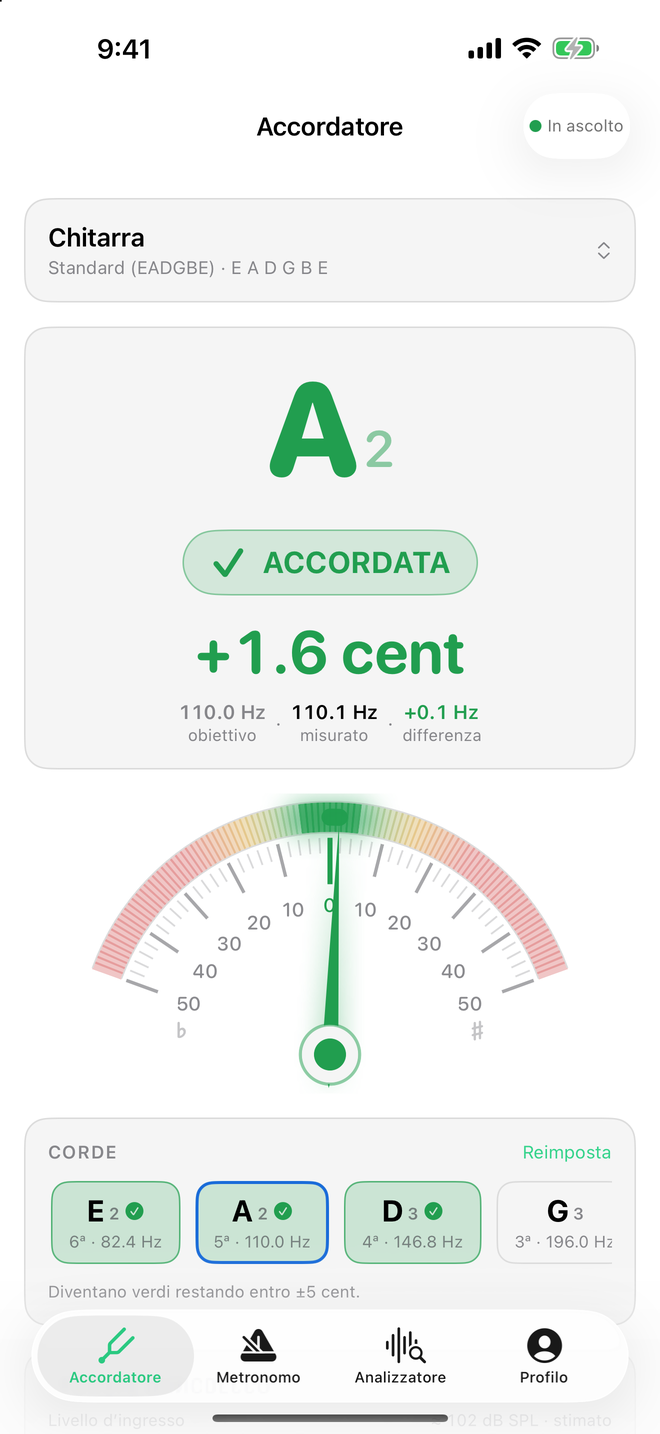 Accordatore di Sound Tools con la nota in grande e l’ago dei cent