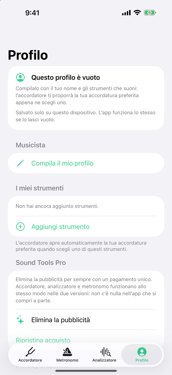 Schermata del profilo di Sound Tools
