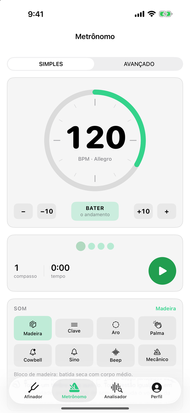 Metrônomo do Sound Tools com o dial de andamento