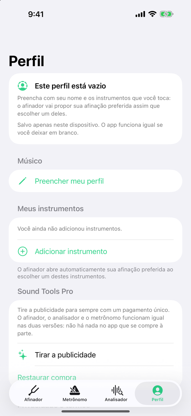 Tela de perfil do Sound Tools