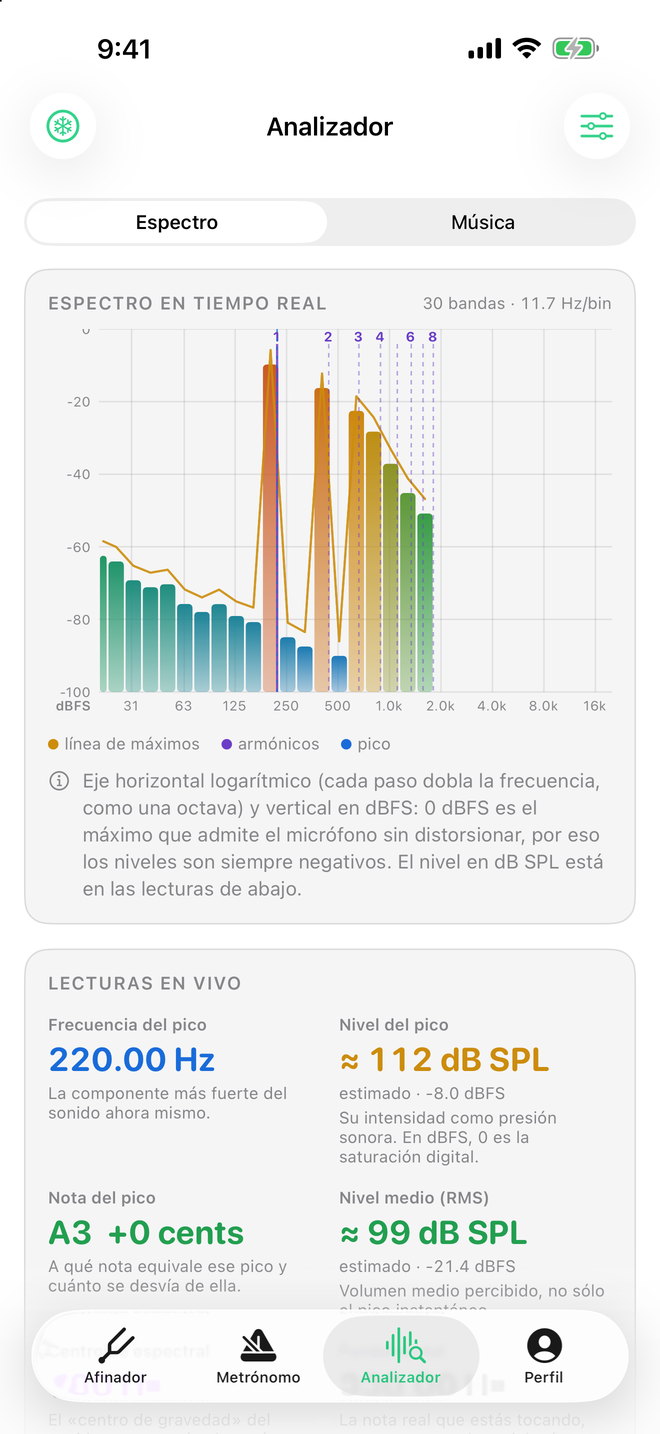 Analizador de Sound Tools mostrando el espectro en tiempo real