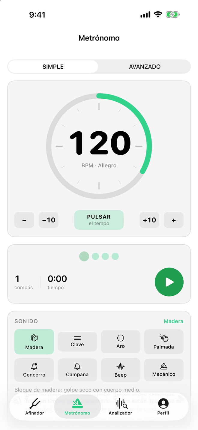 Metrónomo de Sound Tools con el dial de tempo