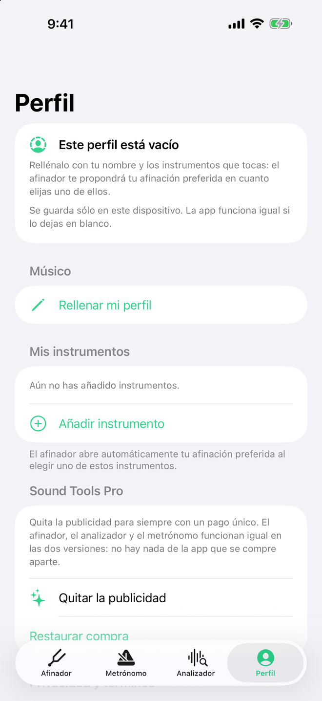 Pantalla de perfil de Sound Tools